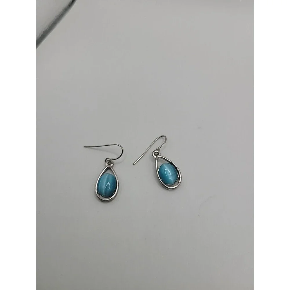 Blue Cats Eye Teardrop Dangle Earrings Silver Tone Glass Stone Minimalist Boho - Picture 6 of 9